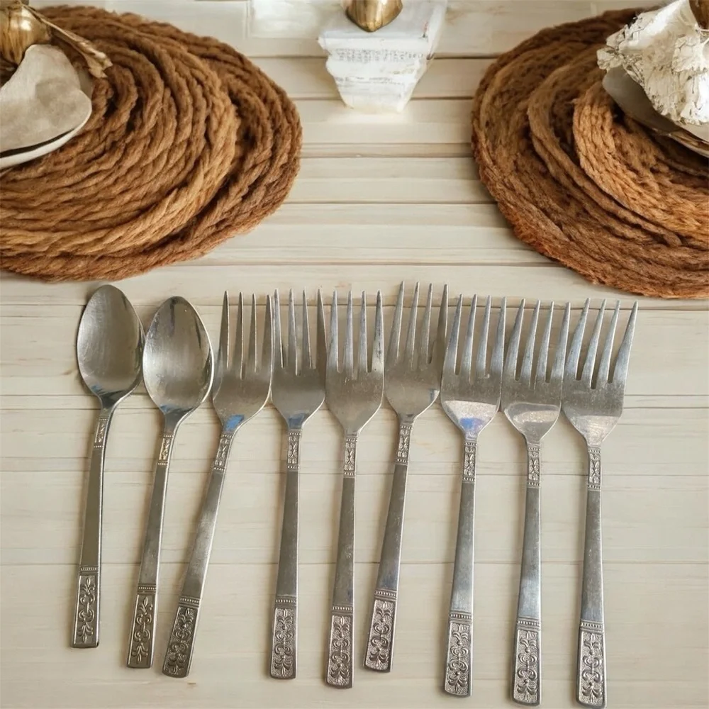 9 Vintage Customcraft Fleur de Lis Stainless Korea MCM 6”Spoon Fork Flatware